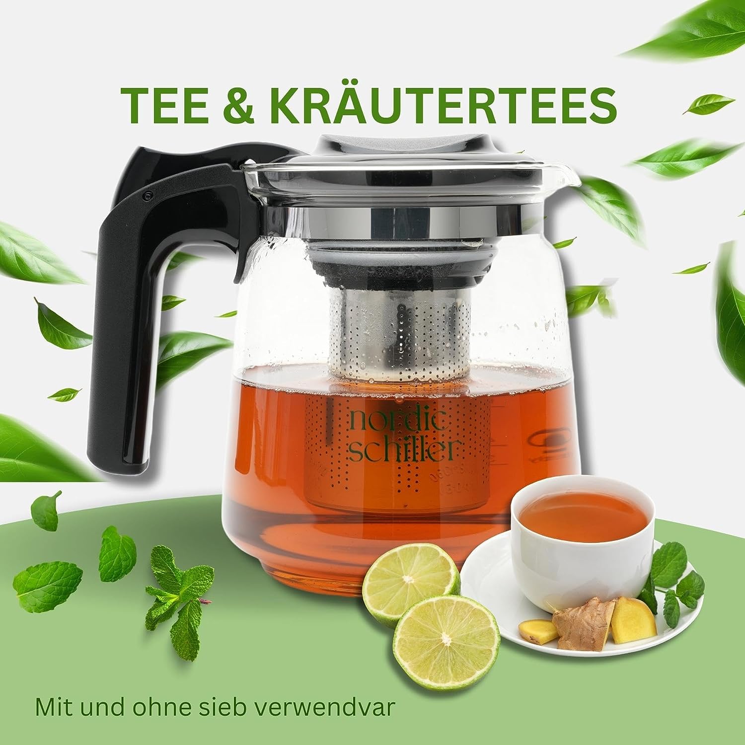 DMA-Z Teiera in Vetro Resistente al Calore Con Coperchio, 1500 ml, Filtro in Acciaio Inox, Termica, Tea Maker Con Colino