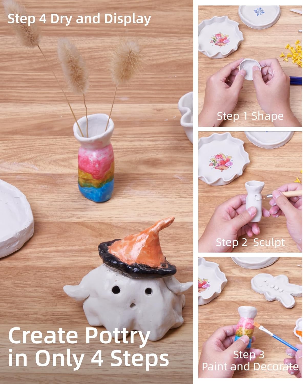 Air Dry Clay Kit for Adults, Pottery Kit for Beginners, 48 PCS Clay Kit with Acrylic Paints, Stamps, Sculpting Tools & Step-by-Step Guide - Crafts for Birthdays Xmas Gift & Decor