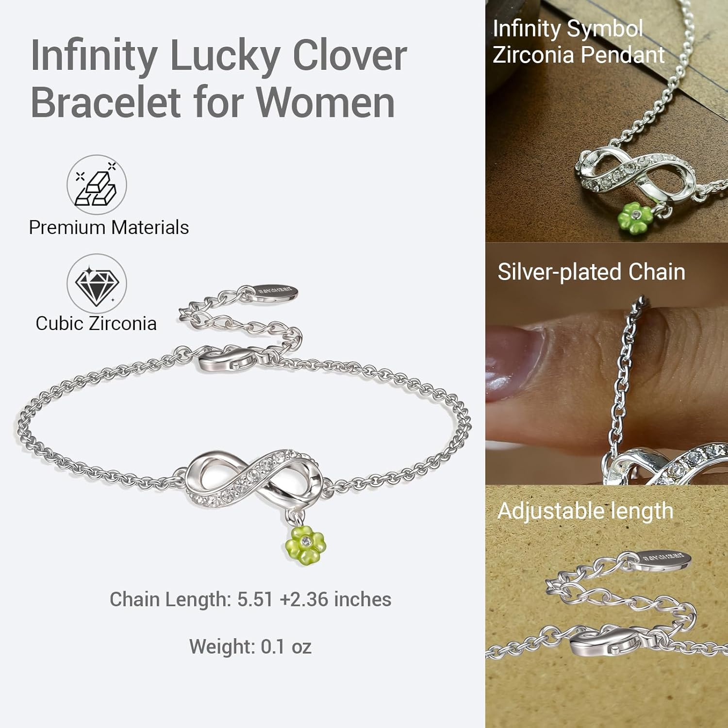 Infinity Lucky Clover Bracelet for Women - Handmade Adjustable 925 Silver Plated Enamel Jewelry, Christmas Birthday Back to School Gift for Daughter Mom Wife Sister Graduation Gift - Image 5