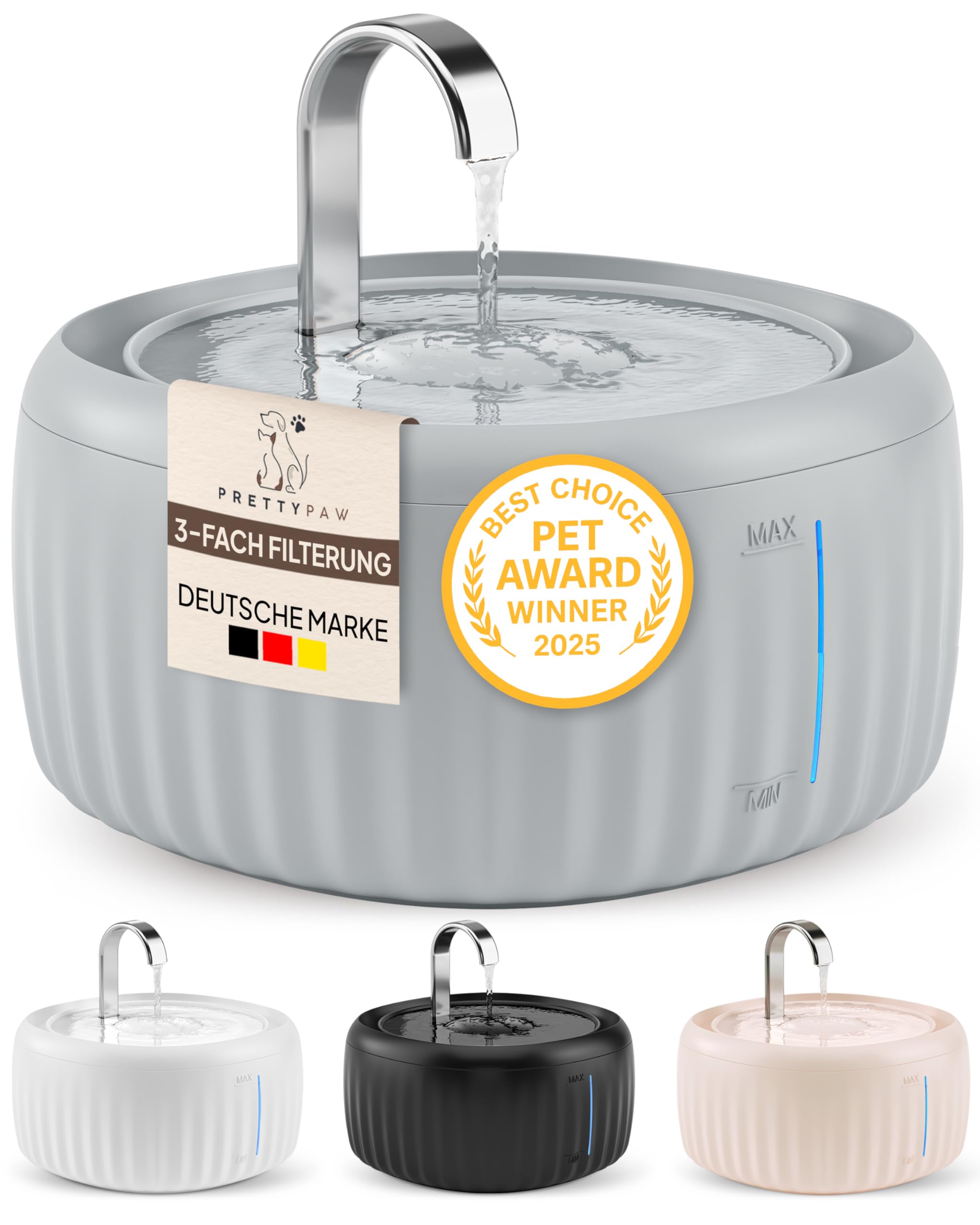PrettyPaw Katzenbrunnen - Super leiser, BPA-freier 3L Trinkbrunnen für Katze mit LED und Aktivkohlefilter - Leicht zu reinigender Katzen Trinkbrunnen - Aqua Flow (Grau)