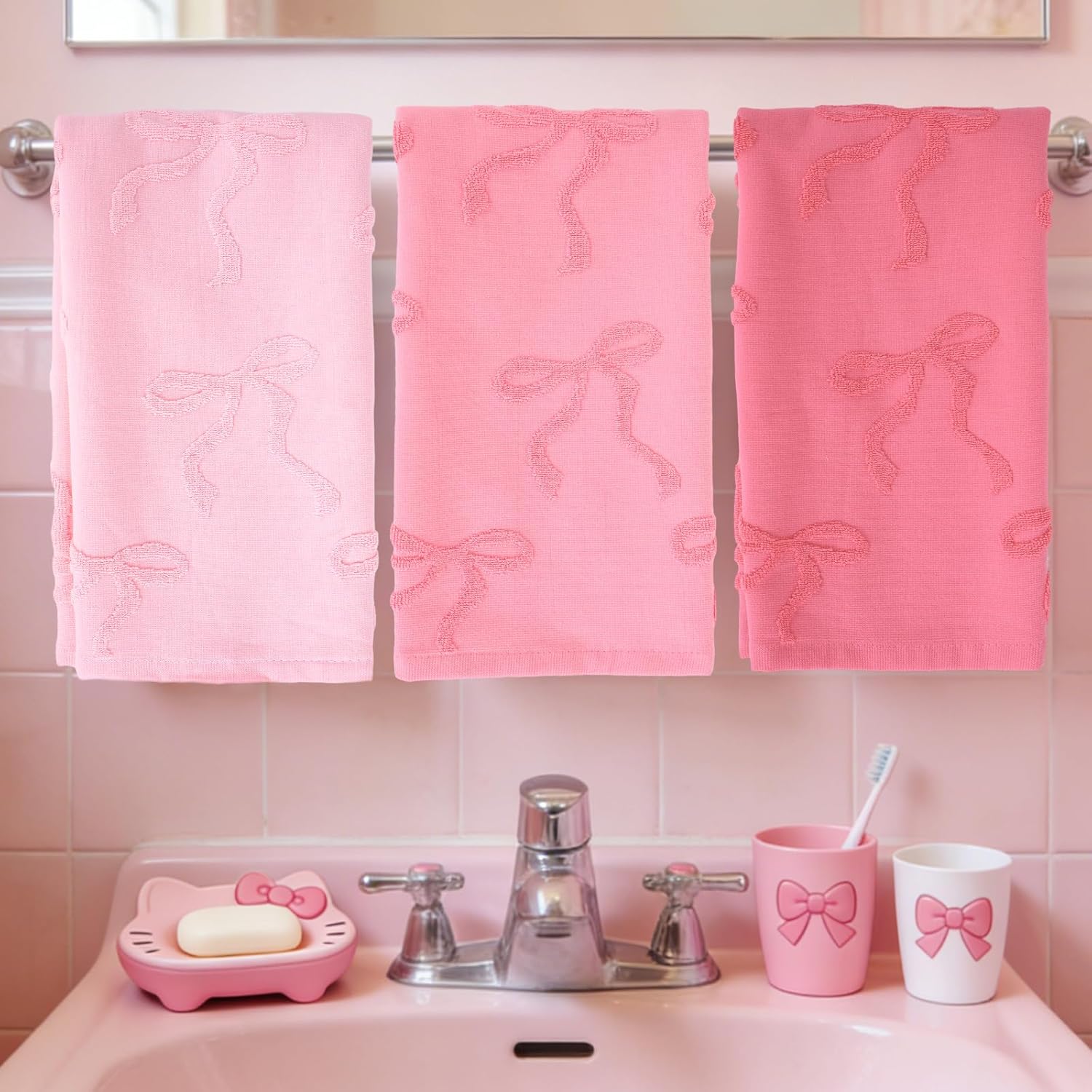 Whaline 3Pcs Valentine's Day Pink Bow Hand Towel 3D Jacquard Cotton Towel Absorbent Coquette Dish Towels for Home Kitchen Bathroom, 13.8 x 29.5 Inch