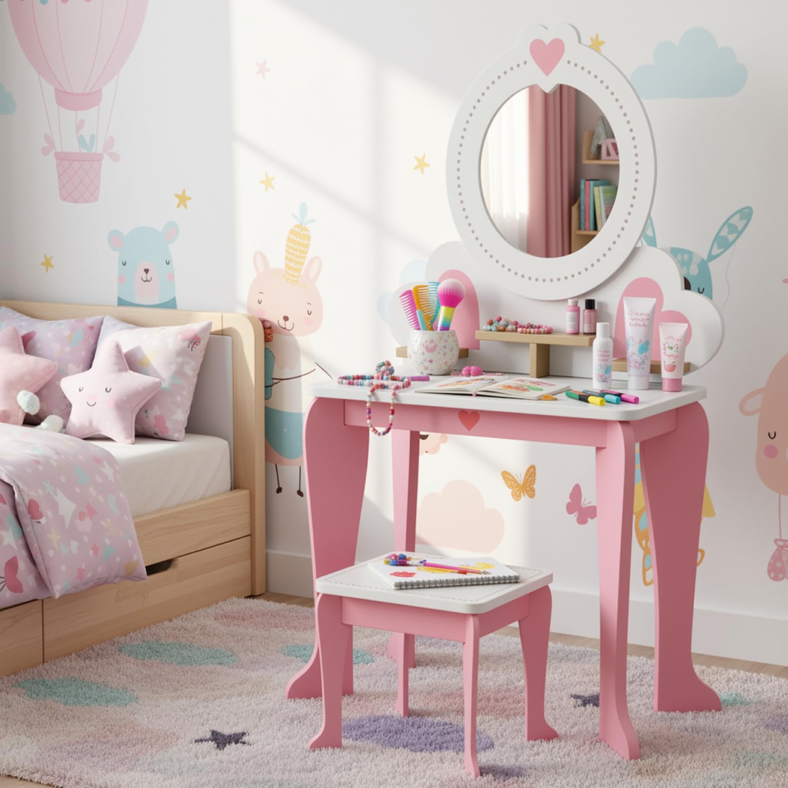 Clevich 2 en 1 Coiffeuse Enfant, Coiffeuse pour Fille avec Miroir et Tabouret Enfant, Bureau pour Enfants, Table de Maquillage pour Enfants 3 à 8 Ans (Rose)
