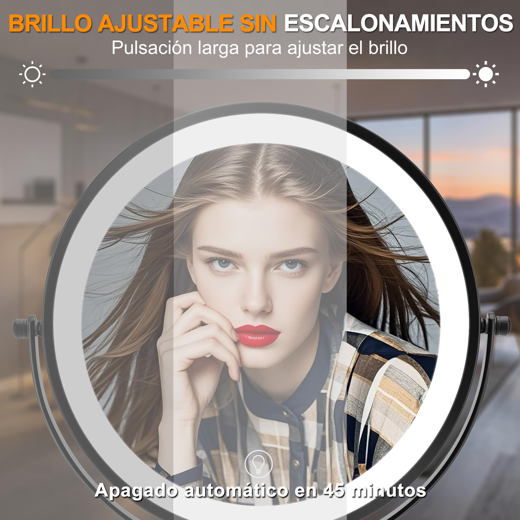 Espejo de Maquillaje de Doble Cara de Altura Ajustable con Luz, 3 Colores de Luz LED e Interruptor Táctil, para Cuidado Personal y Maquillaje (10X)
