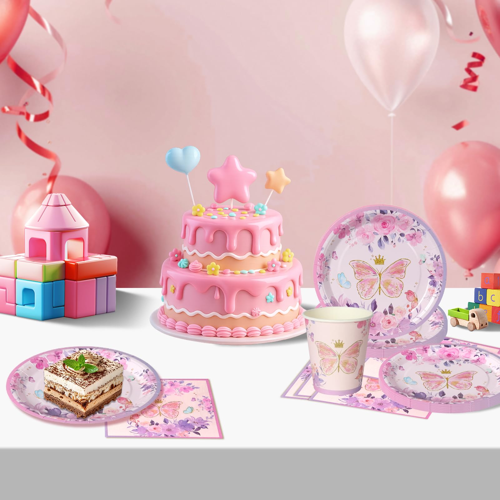 Set 52 pezzi tema farfalle lavanda Piatti, bicchieri e tovaglioli per decorazione compleanno magica con motivi floreali, per 16 ospiti