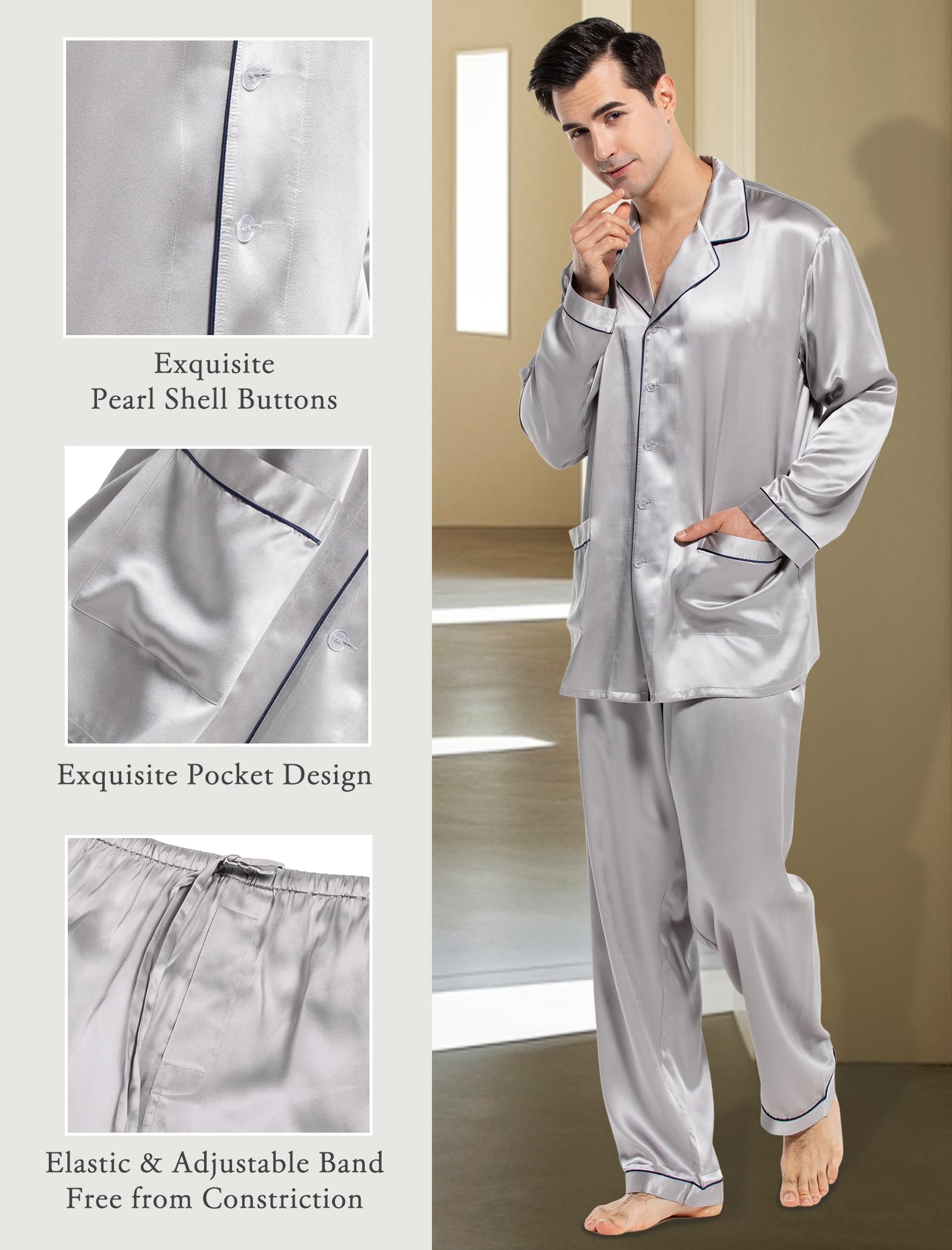 COLD POSH Herren Seide Schlafanzug Pyjama Homewear 19 Momme Nachtw?sche mit Langen ?rmel Loungewear