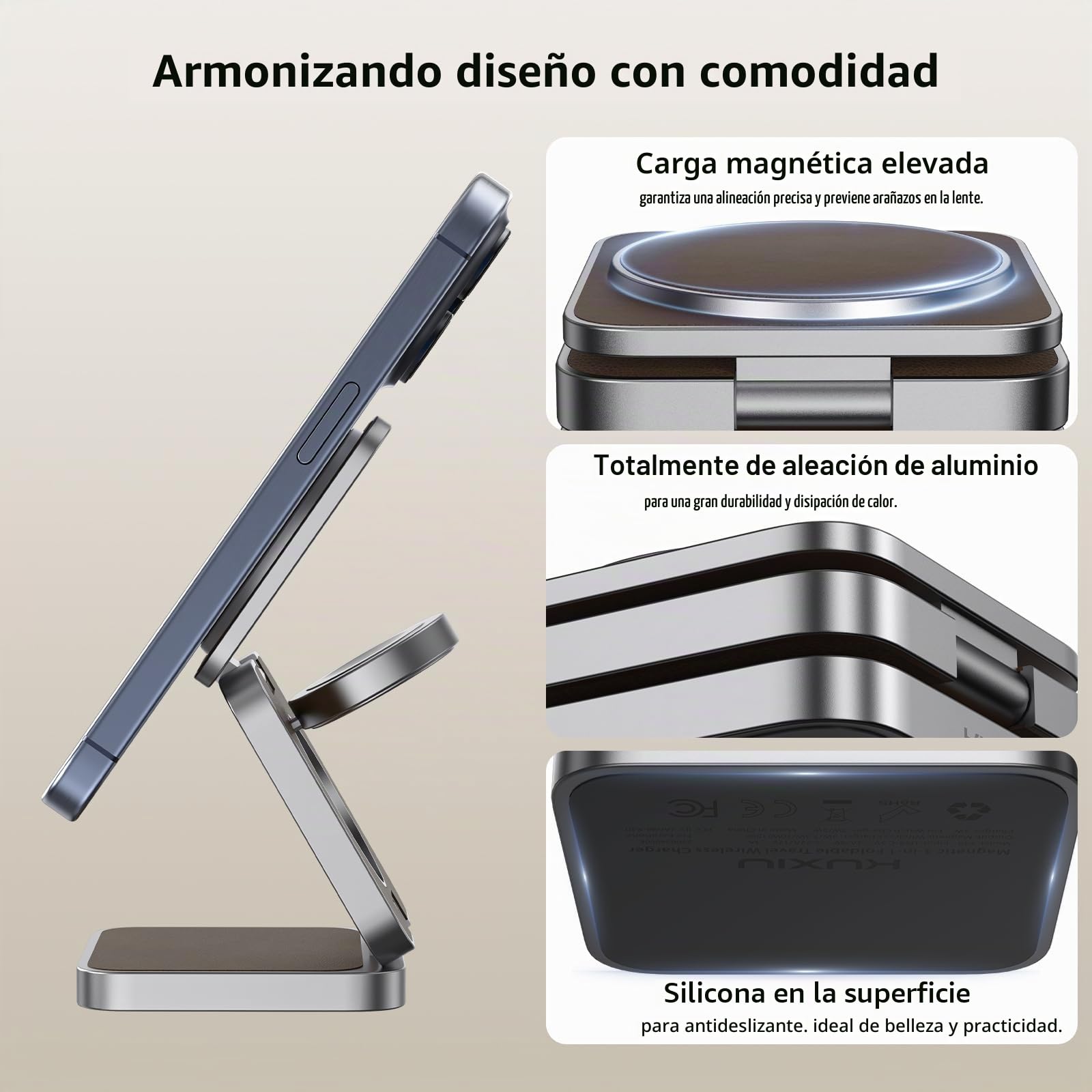 KU XIU X40 Cargador Inalámbrico 3 en 1 Plegable de Aluminio – Estación de Carga Magnética para iPhone 17–12 /Air, 5W para iWatch Ultra/SE/Series 11–4 y Auriculares Inalámbricos 4/3/2/Pro – Cuero PU