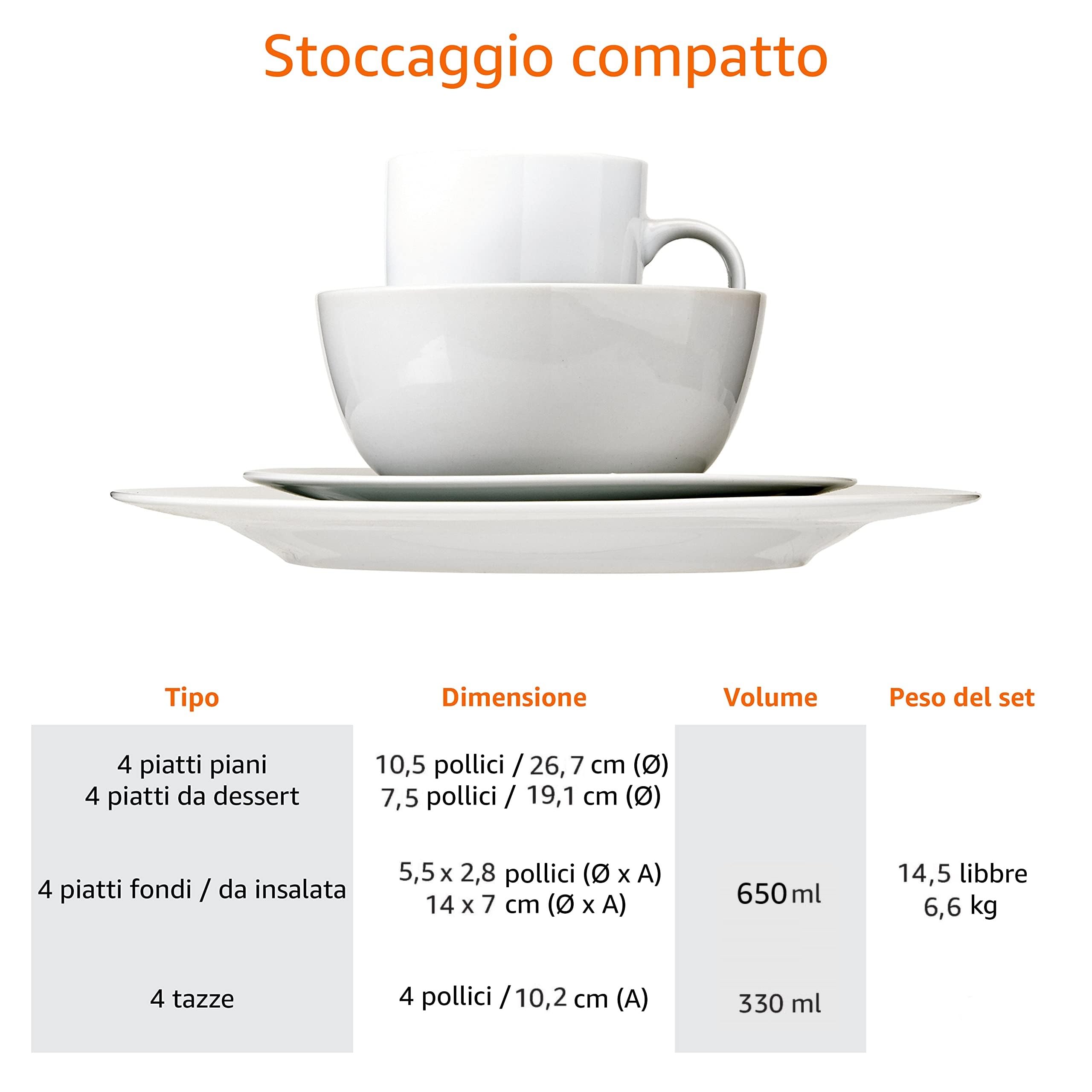 Amazon Basics Set di Stoviglie per 4 Persone, Porcellana, Bianco, 16 Pezzi