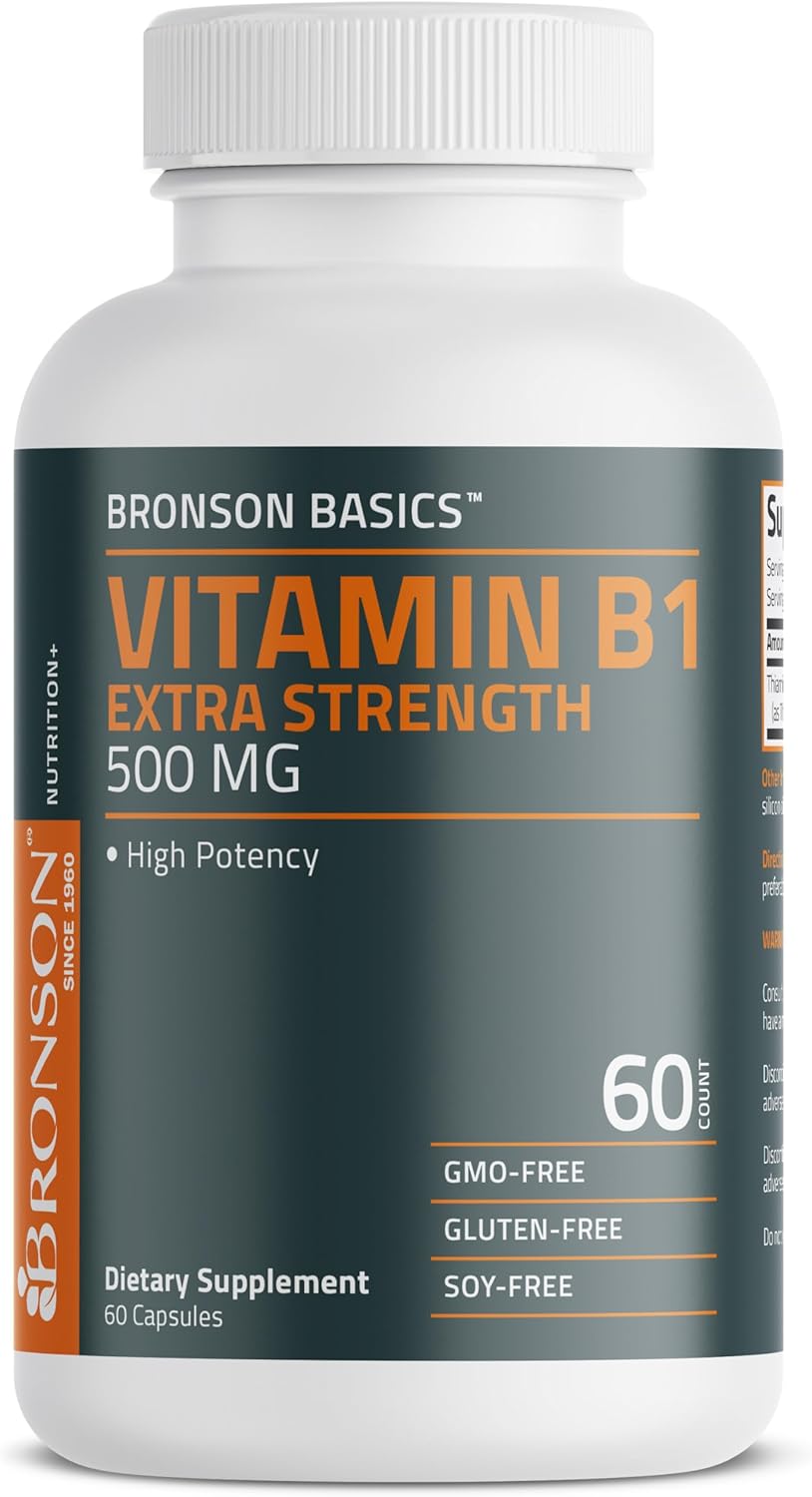 Bronson Vitamin B1 Extra Strength 500 MG High Potency Non-GMO, 60 Capsules