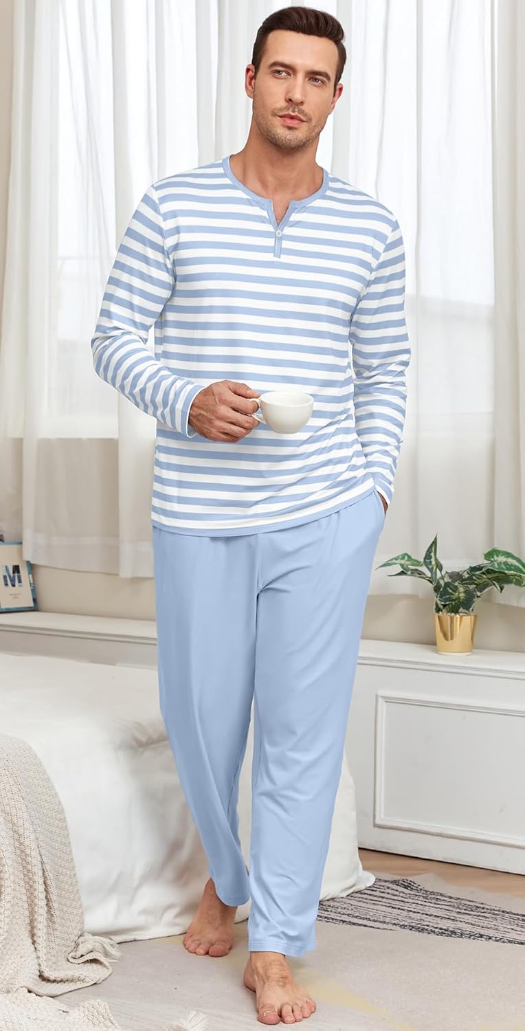 PrinStory Men's Pajamas Set Long Sleeve Pjs 2 Piece Comfy Pajama Sleepwear Henley Loungewear Sets with Pockets - Image 3
