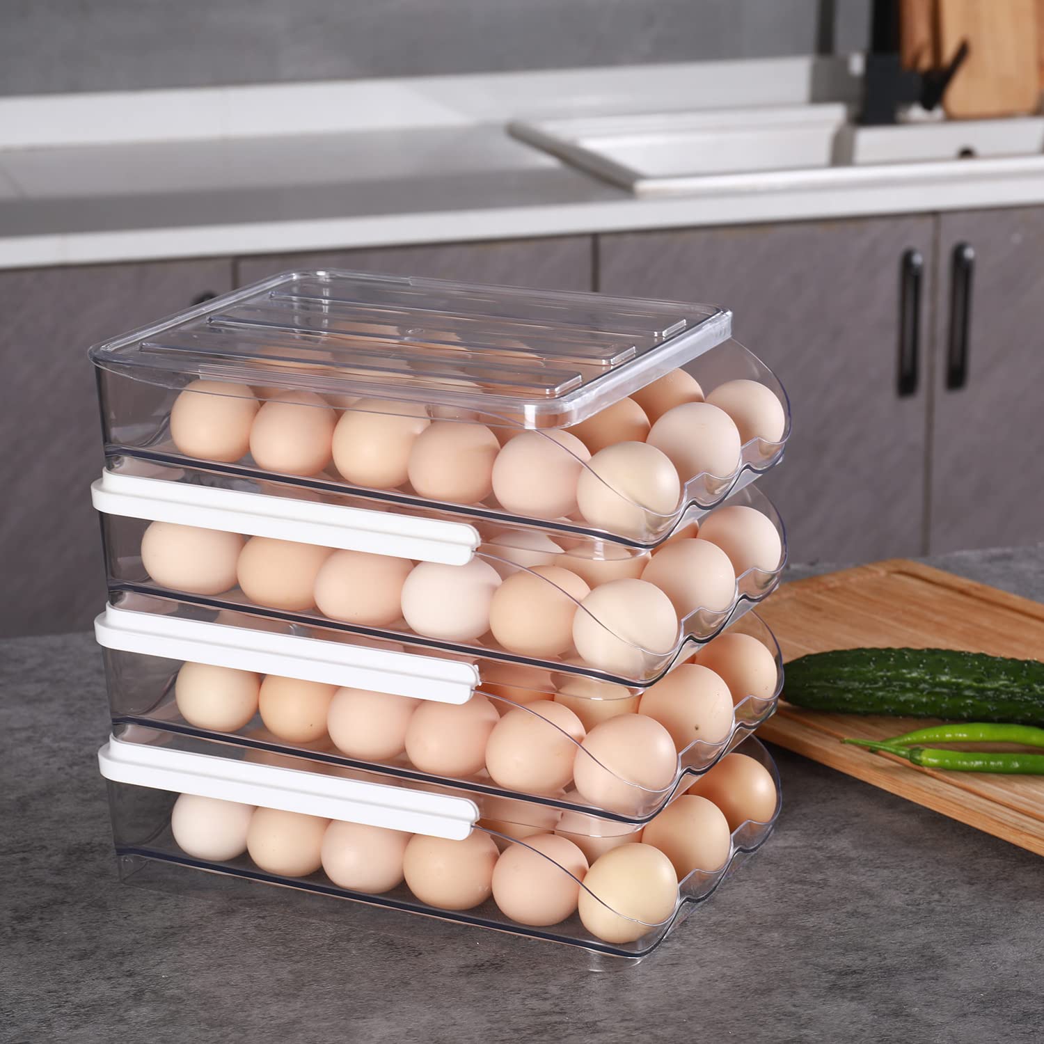 Sooyee Portauova di grande capacità per frigorifero, contenitore per uova fresche per frigorifero, contenitore per uova, contenitore portaoggetti in plastica trasparente (4 strati)