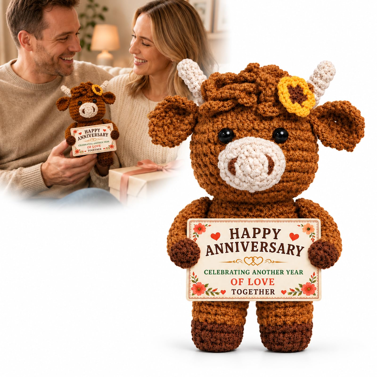 Anniversary Wedding Gifts, Crochet Highland Cow with Message Plaque, Brown