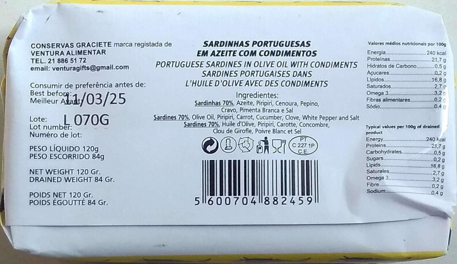 Conservas GRACIETE - Sardine entière en conserve à l'huile d'Olive extra avec de Condiments - 4.23oz / 120gr (Paquet de 5 canettes)