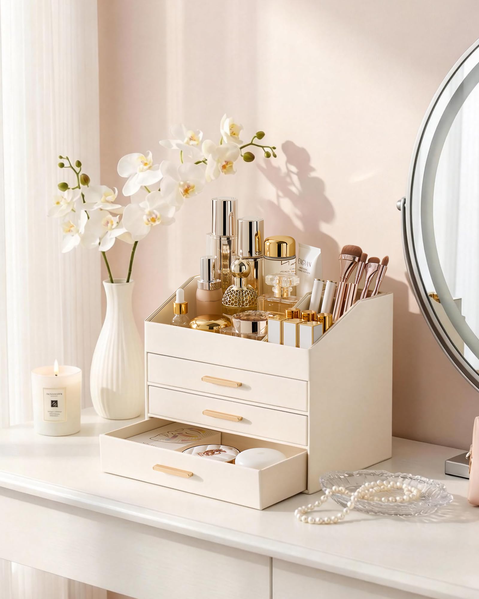 Lolalet Organizador de Cosméticos para Tocador, Bandeja de 3 Niveles con Cajones, Organizador de Perfumes, Organizador de Labiales -Crema