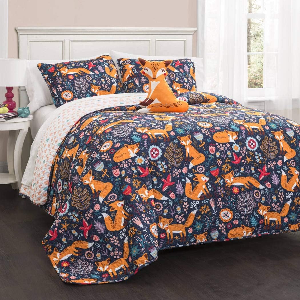 3 Piece Multi Color Pixie Fox Floral Quilt Twin Set, Navy Orange Red Animal Bird Print Flower Leaf Medallion Motif Boho Chic Vintage, Reversible Heart Shapes Kids Bedding Teen Bedroom, Polyester