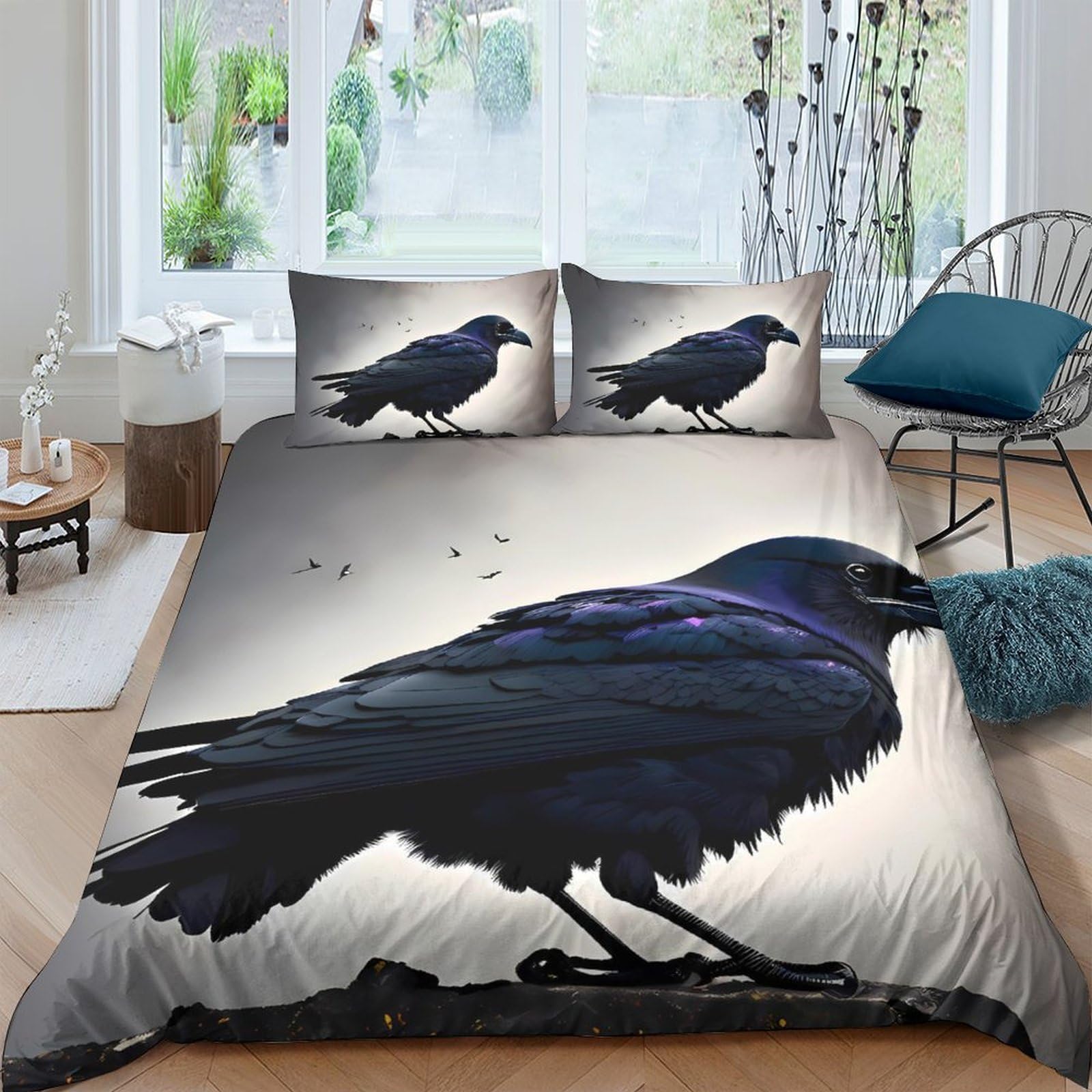 GPLZQXKJNH 3D Printed Black Raven Duvet Cover Microfiber Soft Breathable Gothic Bird Quilt Cover Set with 2 Pillowcases for Bedroom Decor Single（135x200cm）