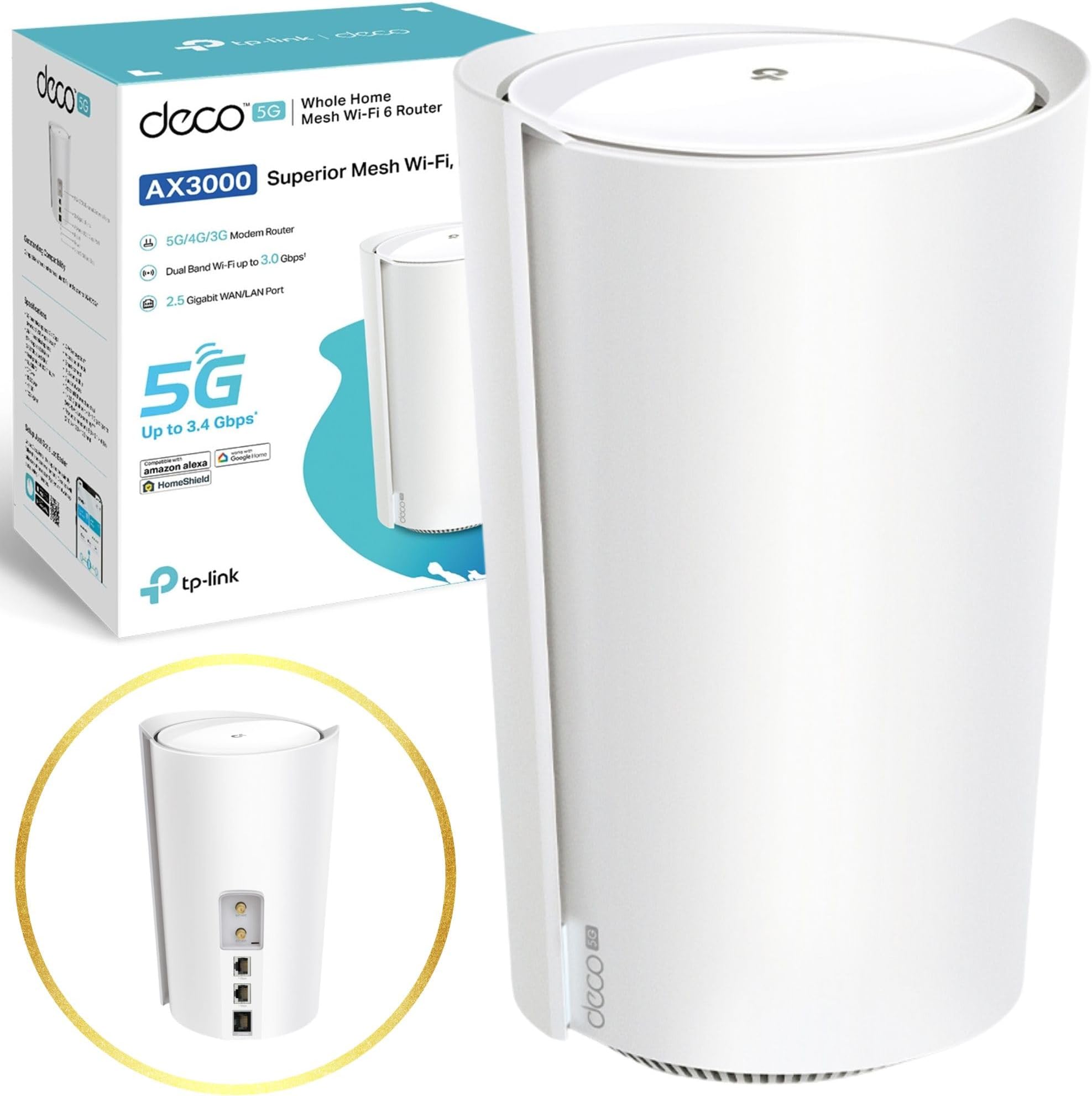 TP-Link Deco X50-5G AX3000Mbps Whole Home Wi-Fi 6 5G Router With Sim Slot, 5G/4G+Cat 6 Mesh WiFi Router, 2.5G Port For Ultra-Fast Speed, 230 m2 Seamless Coverage, Works with Alexa, HomeShield