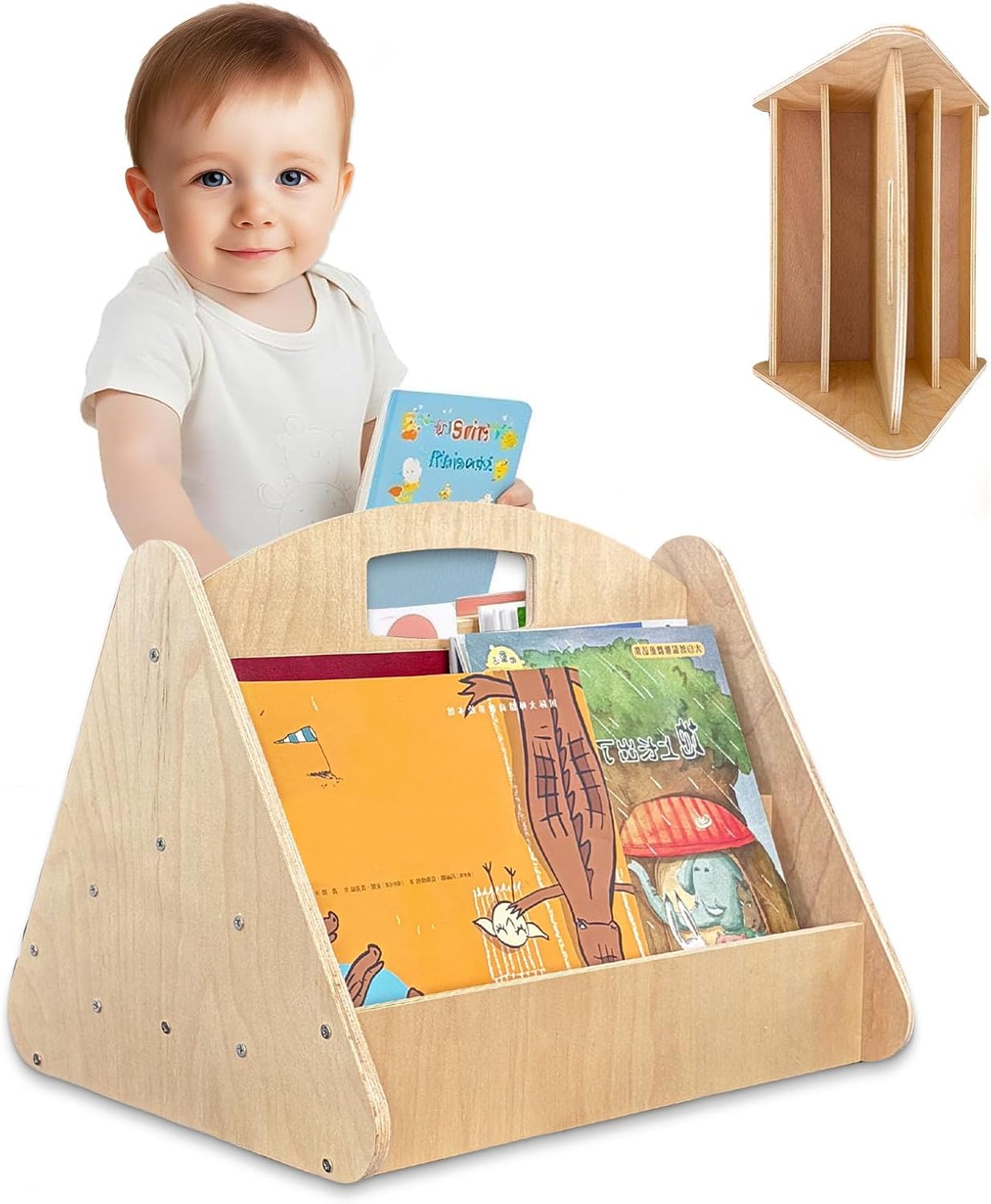 HANVOWS Wooden Bookshelf with Handle for Kids Rooms Double-Sided with 4 Tier Deep Easy Install Montessori Book Shelf for Baby's Bedroom or Playroom Decor