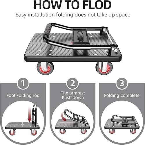 Miniatura 4 de Carrito de empuje plegable mejorado, plataforma móvil de 560 libras de capacidad, resistente ahorro de espacio, ruedas silenciosas TPR de 360 grados