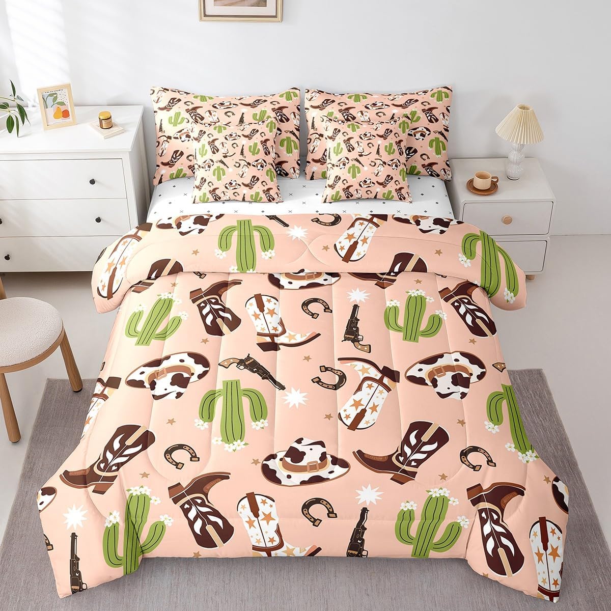 ウェスタンカウボーイブーツ 掛け布団セット シーツ付き カートゥーン グリーン サボテン 馬蹄 寝具セット 子供 ティーン 大人 カ