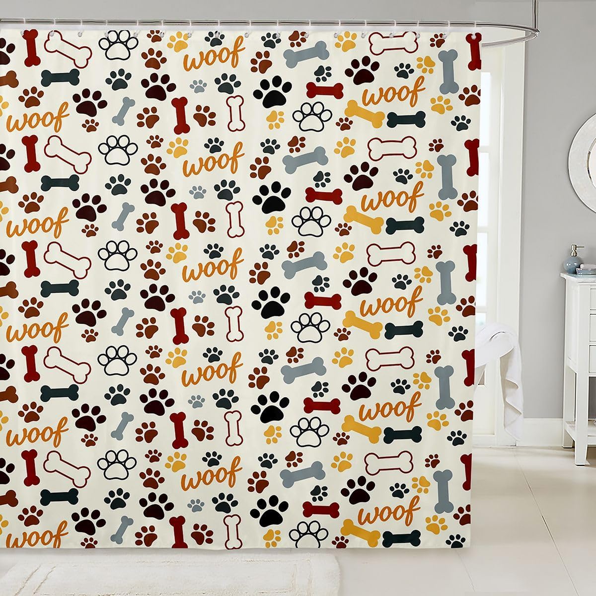 Homewish Watercolor Paw Shower Curtain Set,Cartoon Dog Bone Bathroom Curtain with 12 Hooks,Kids Boys Teens Cute Puppy Pet Waterproof Fabrics Rustic Farmhouse Bathtub Decor,72" W x 78" L
