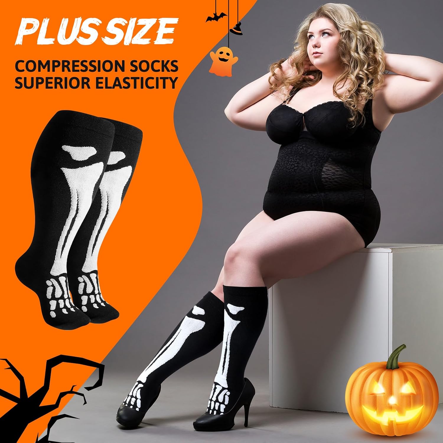 Cutecrop 6 Pairs Halloween Plus Size Compression Socks Wide Calf for Women Men 20-30 mmHg Extra Wide Knee High Support Socks