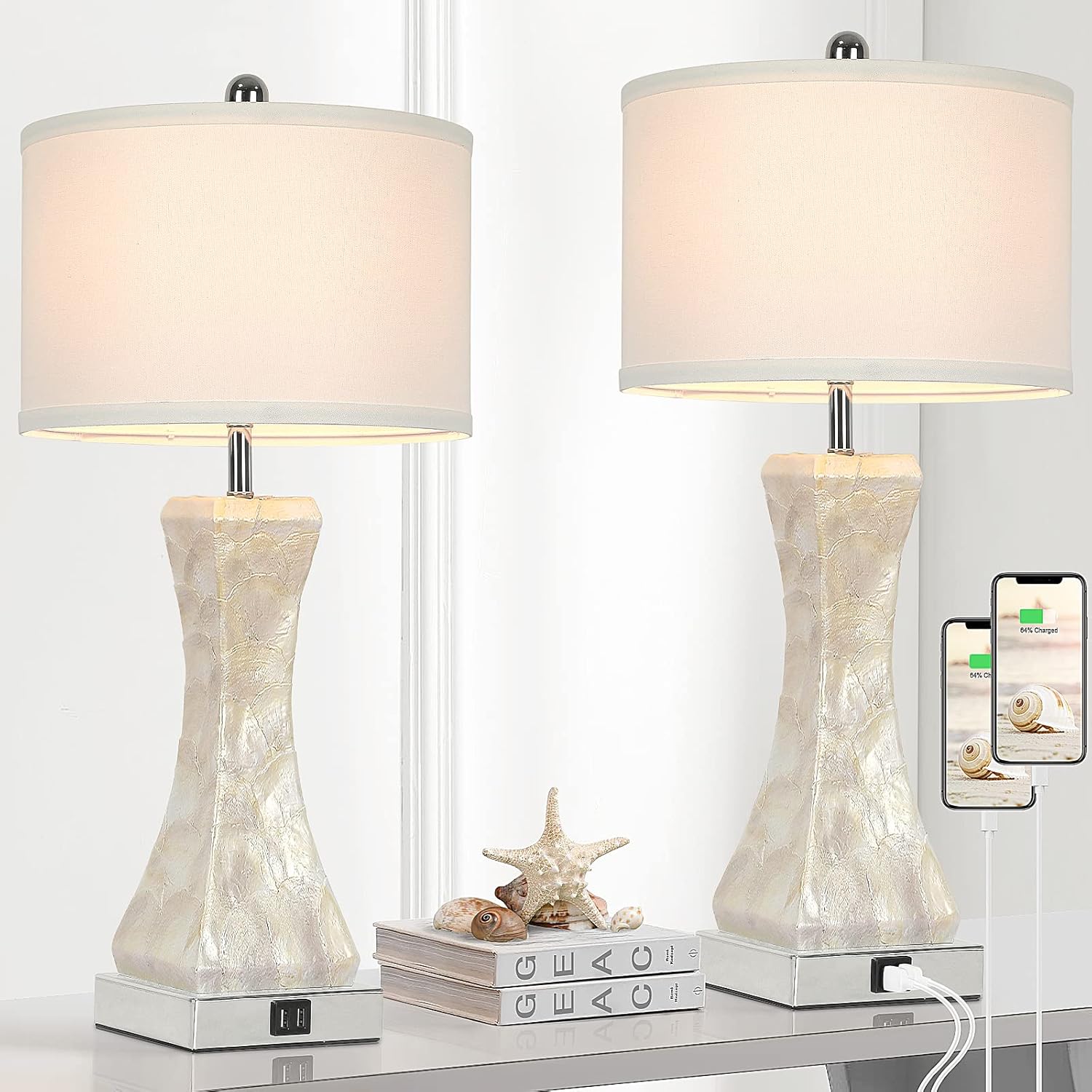 TOBUSA Set of 2 Touch Control Table Lamp, 23-inch Tall 3-Way Dimmable Bedside Nightstand Lamps with Dual USB Ports for Bedroom Living Room, Capiz Shell Coastal Lamp, Warm White LED Bulb Included