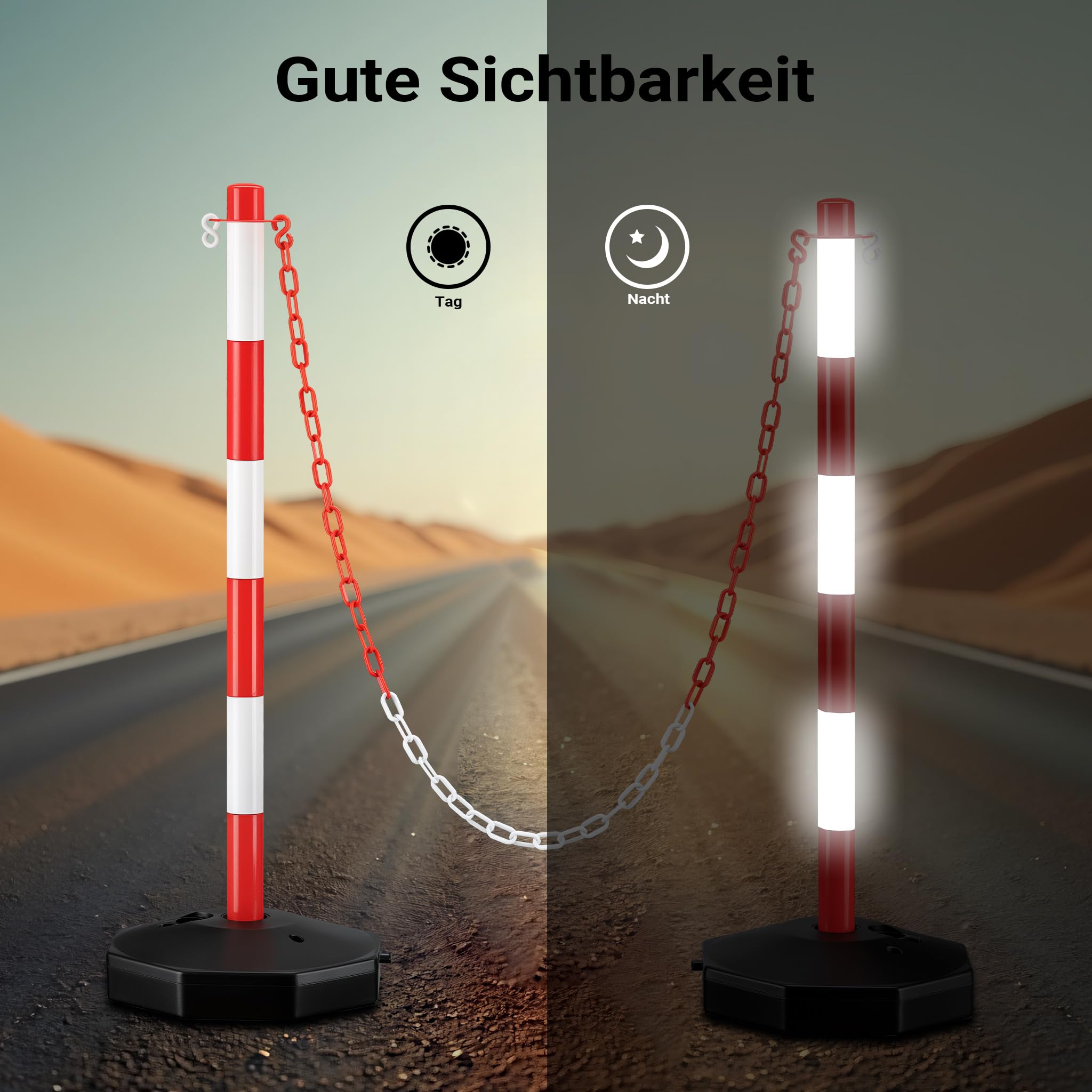 Wiltec mobile Parkplatz Absperrung 80 x 28 x 28 cm, Sperrpfosten mit 1,4 m langer Kette, rot-weiße Absperrpfosten, Poller für Parkplatz sperren