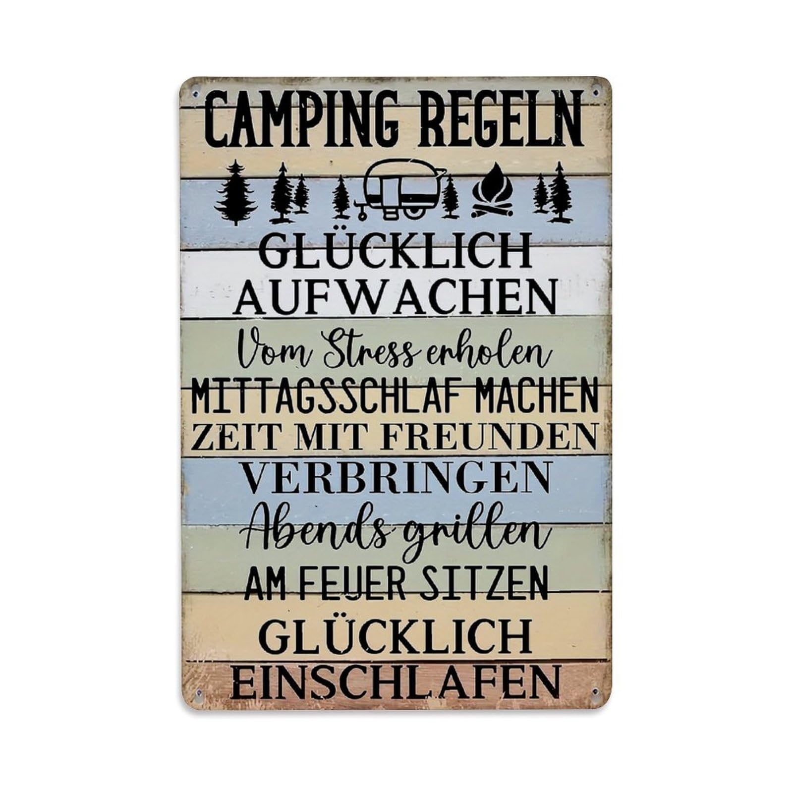 Camping Regeln Glucklich Aufwachen Mittagsschlaf Freunde Feuer Retro Metal Tin Sign, Vintage Decor Art Poster for Bar, Home, Man Cave, Kitchen, Laundry Room Gift 8x12Inch
