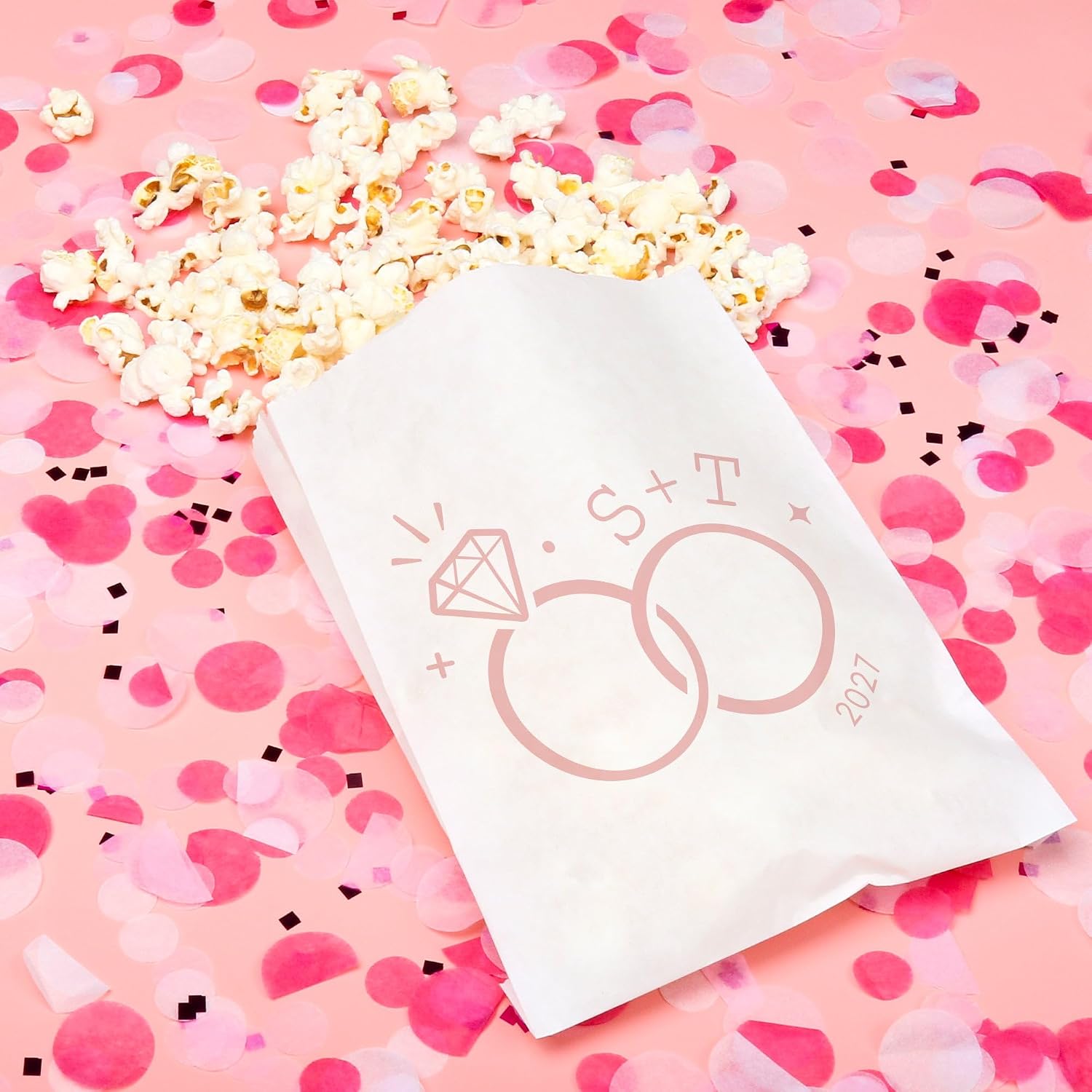 Big Dot of Happiness Personalized Pink Wedding Rings Paper Treat Bags, Custom Monogram Initials Engagement Party Individual Candy Snack Favors, Greaseproof White Sandwich Cookie Bags - 25 Count