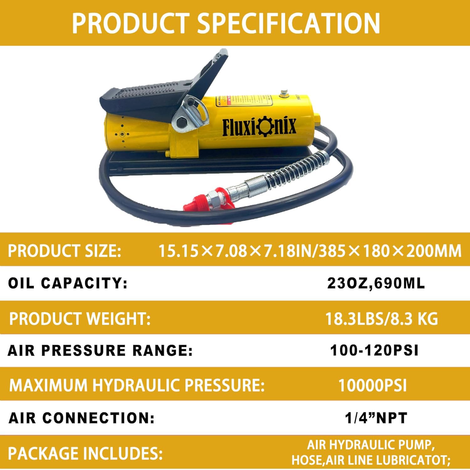 Air Hydraulic Pump 10,000 PSI 1.7L Reservoir NPT 1/4" Inlet, NPT 3/8" Oil Outlet, Hydraulic Pump Air Hydraulic Foot Pump with Air Line Lubricator, Yellow