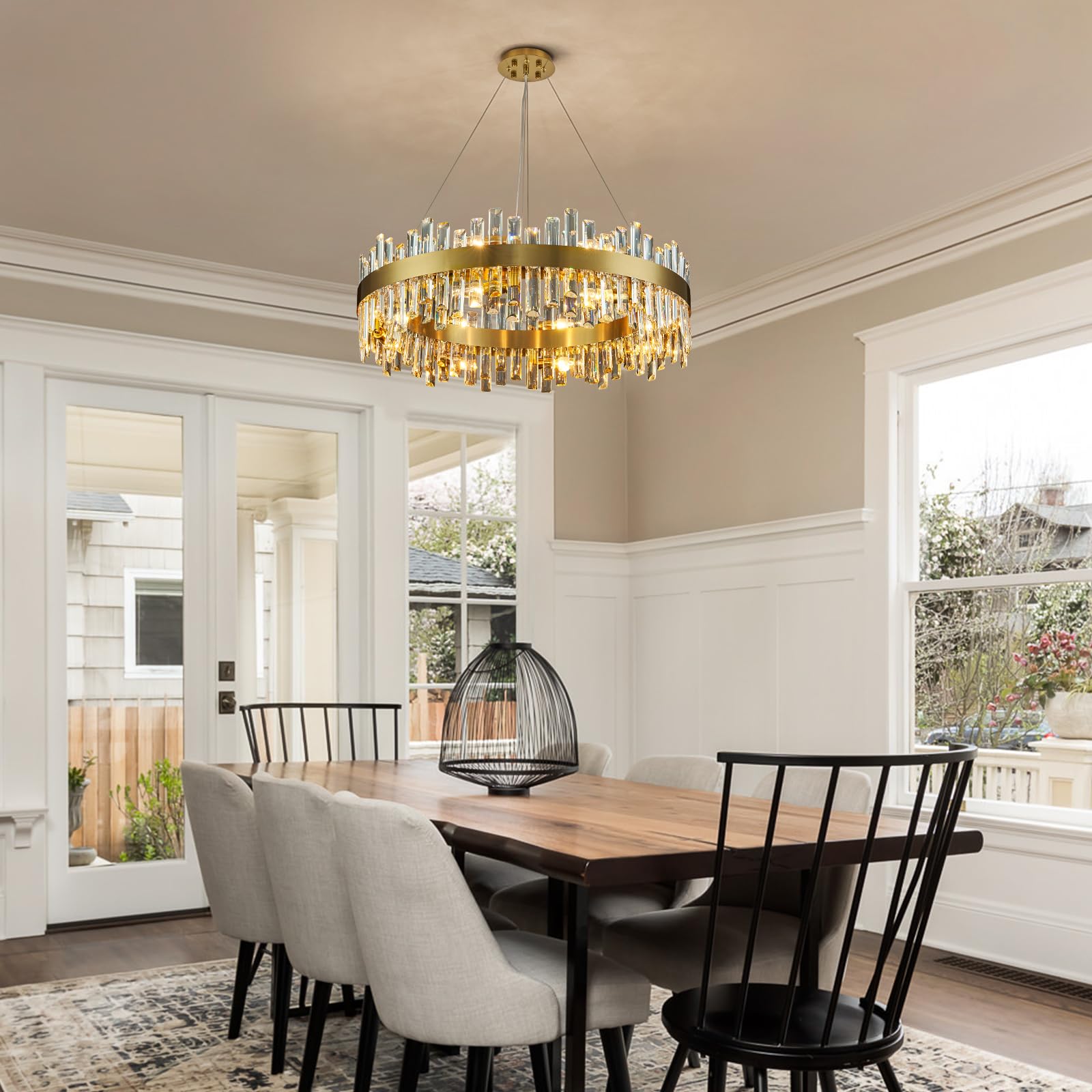 Siljoy 16 Lights Modern Crystal Chandeliers, Brass Gold Round 2-Tiers K9 Crystal Raindrop Chandelier Lighting, Height Adjustable Pendant Ceiling Light for Dining Living Room Bedroom D31.5''