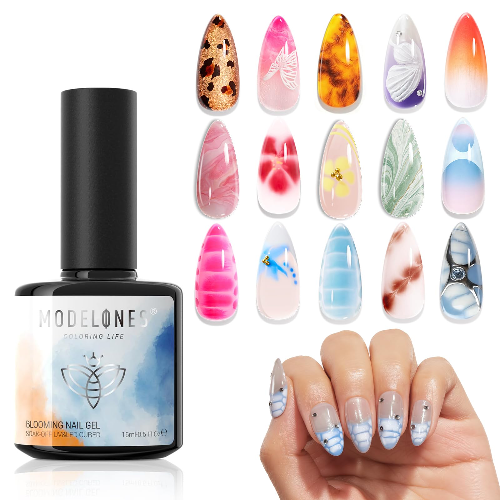 modelones Blooming Gel Nail Polish, 15ml Clear Marble Nail Design Kit, Nail Art Accessories for Spreading Effects, Floral Print, Watercolor Design