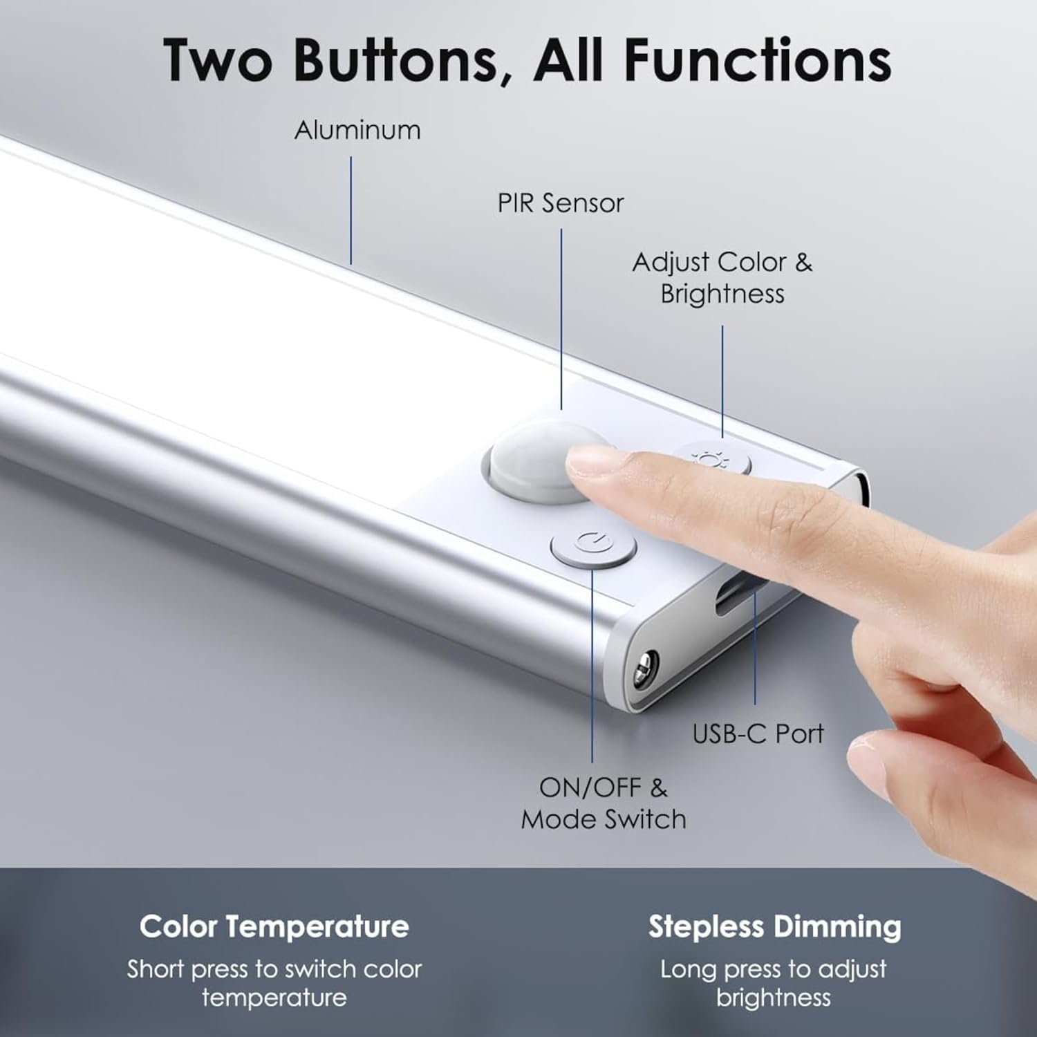 15" LED Cabinet Light with Motion & Light Sensor, Pack of 2 Rechargeable Under Cabinet Lighting, 3 Color Modes 3000K/4500K/6000K, 80 LEDs, 180LM, USB, 2200mAh Battery, Wireless Closet Light