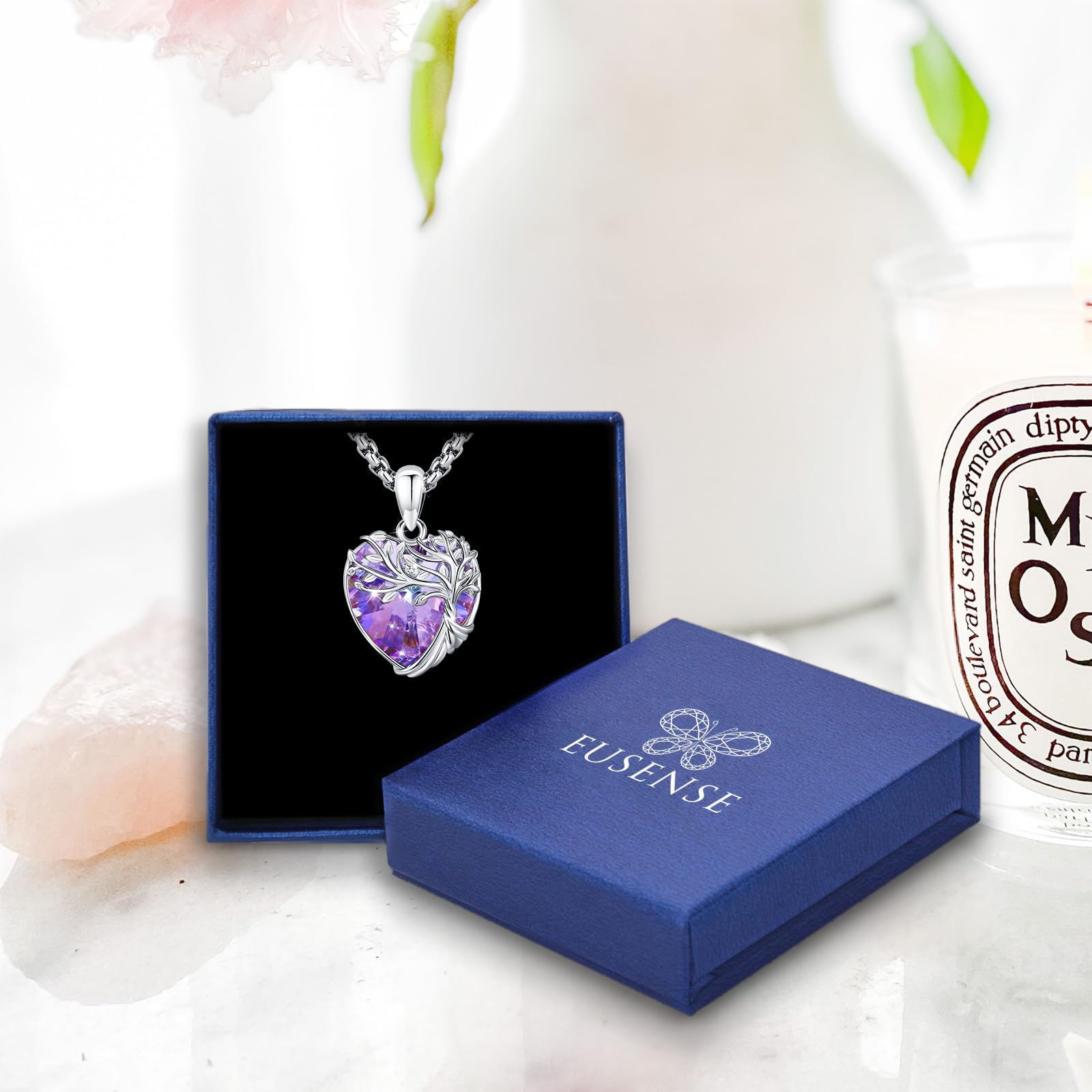 Eusense Collana Albero della Vita con Pietra di Luna, Ametista e Cristallo Blu Gioiello per Donna, Ciondolo Albero della Vita Regalo per Anniversario, Compleanno o San Valentino