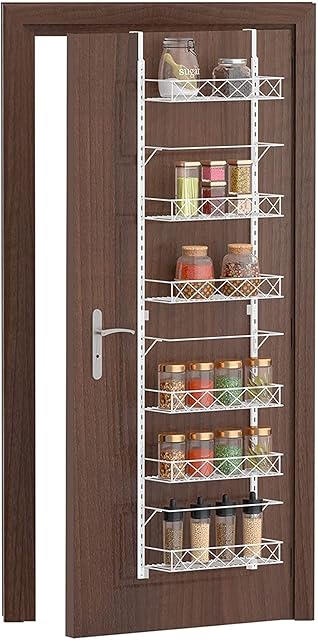 6-Tier Over Door Storage Organiser Rack - Metal Hanging Storage Organiser Shelves with 2 Hooks for Kitchen, Pantry, Bathroom, Closet, Dorm, Office, White
