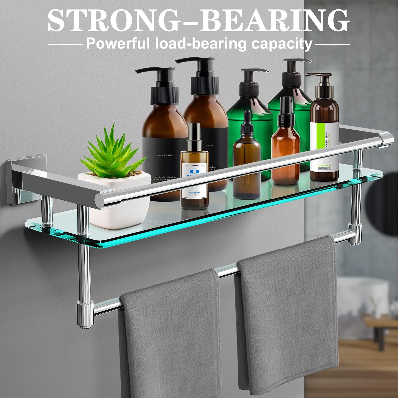 50,8 cm Badezimmer-Glasregal mit Handtuchstange/Handtuchhalter, Wandmontage, gehärtetes Glas, Aufbewahrung, Hotel, Handtuchaufbewahrung, Sus304, rostfreier Edelstahl, verchromt