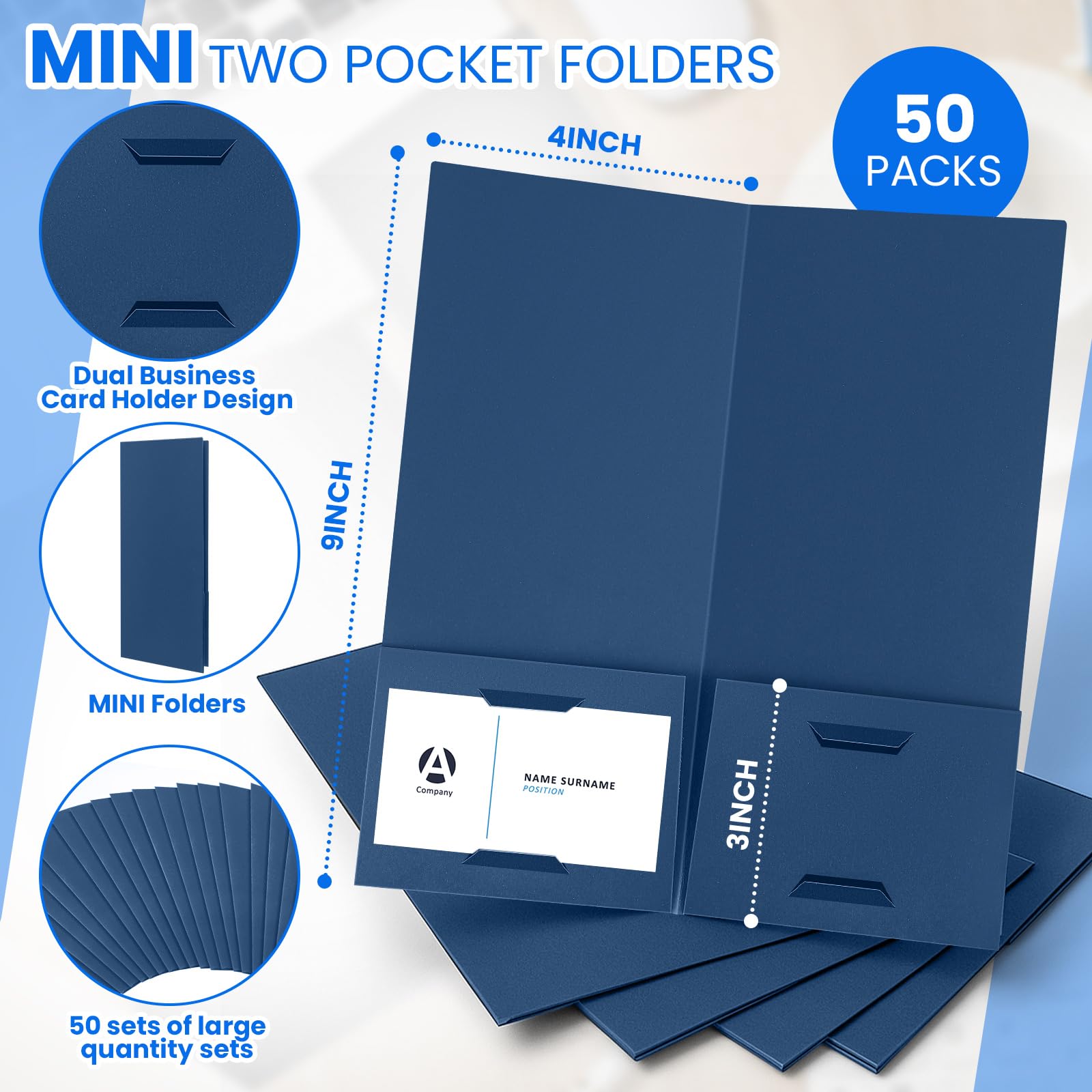 Henoyso Mini-Präsentationsmappen, 2 Taschen, 10,2 x 22,9 cm, mit zwei Visitenkartenhaltern, ideal für Gäste, Willkommenskunden-Informationen, Bestätigung, Quittungsorganisation, Marineblau, 50 Stück