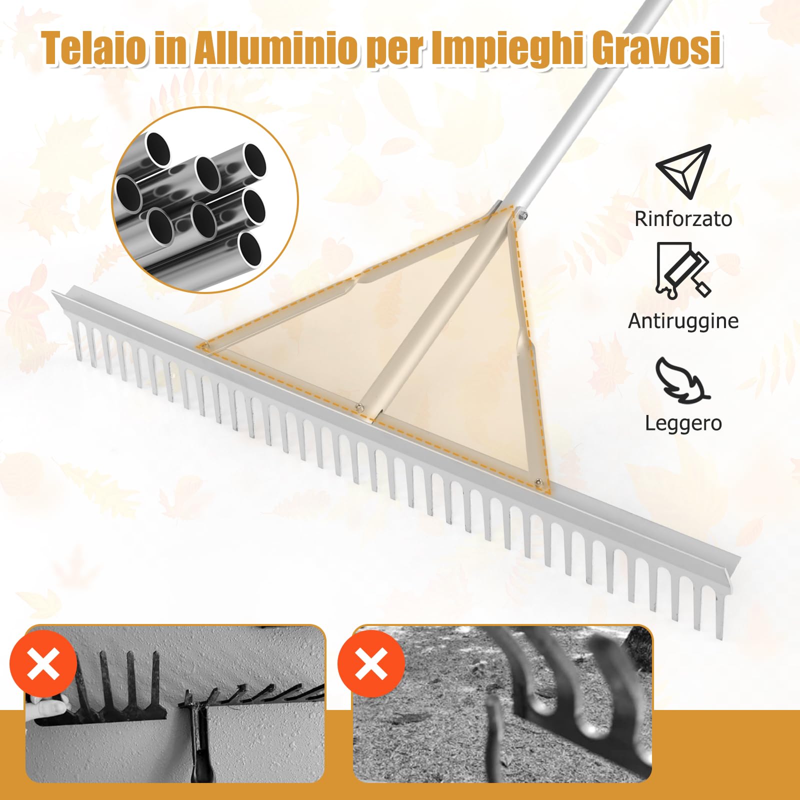 RELAX4LIFE Rastrello da Giardino in Alluminio, Rastrello Scopa per Foglie con 36 Denti, Larghezza 91cm, Manico Lungo 174 cm, Attrezzo da Giardino per Allentare il Terreno e Cura del Prato