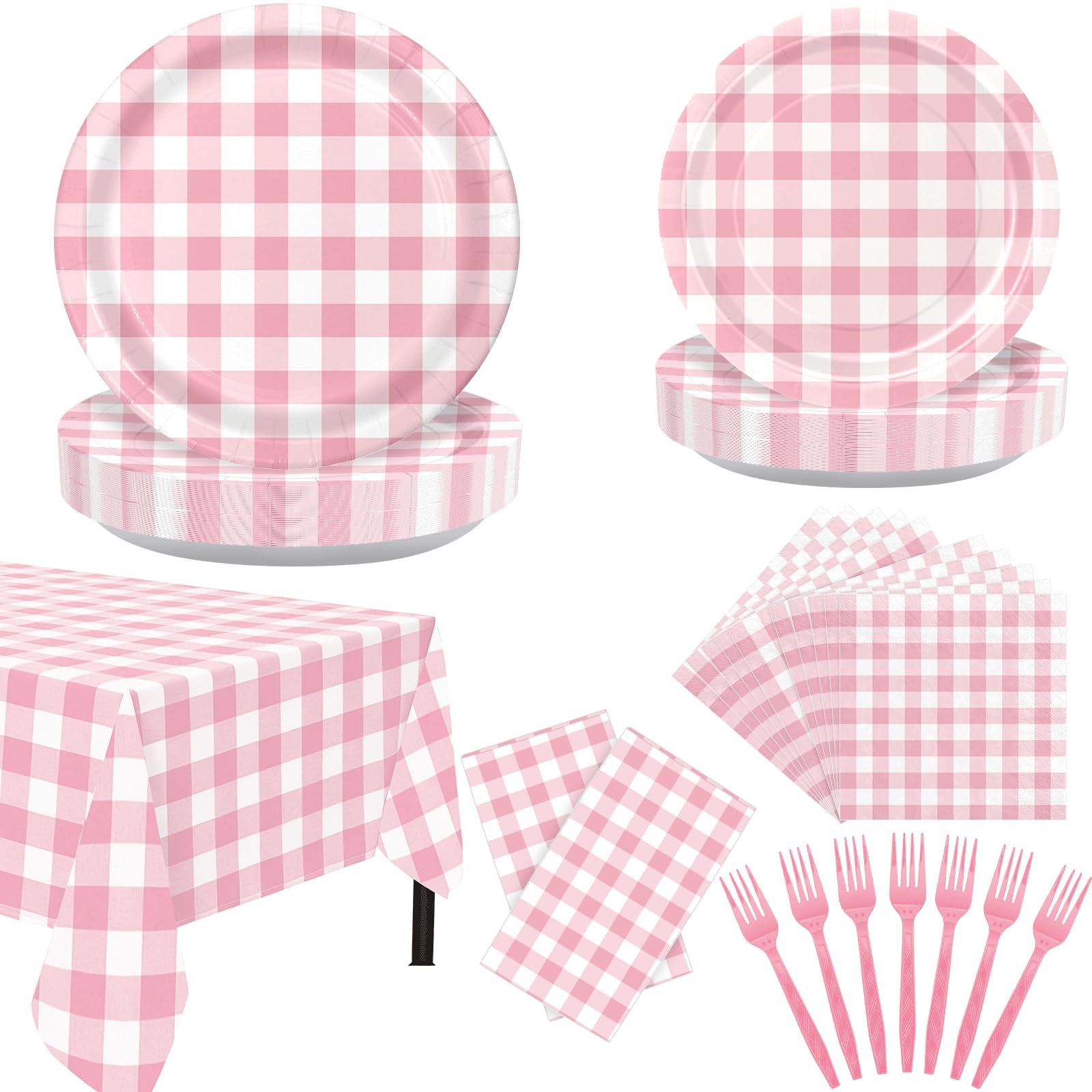 View 1 of 146PCS Pink Gingham Party Plates & Napkins Set for 36