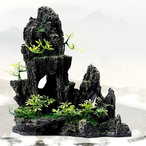 Miniatura 8 de Saim Decoraciones grandes para pecera, adorno de acuario con vista a la montaña con cueva de casa del árbol, cueva rocosa para pecera, cueva