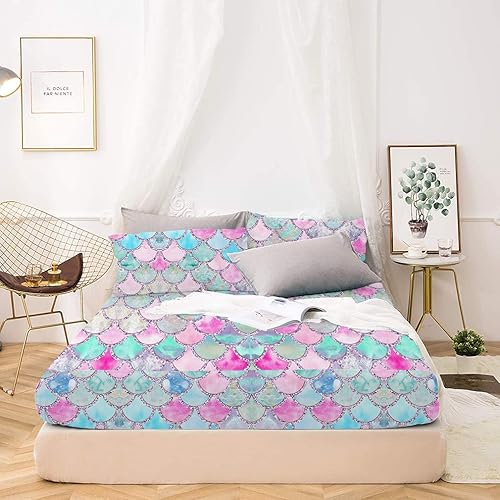 Miniatura 6 de MUSOLEI Juego de sábanas bajeras de sirena con escamas arcoíris 3D para niñas, juego de ropa de cama para niñas, sábanas tamaño individual, 1 sábana