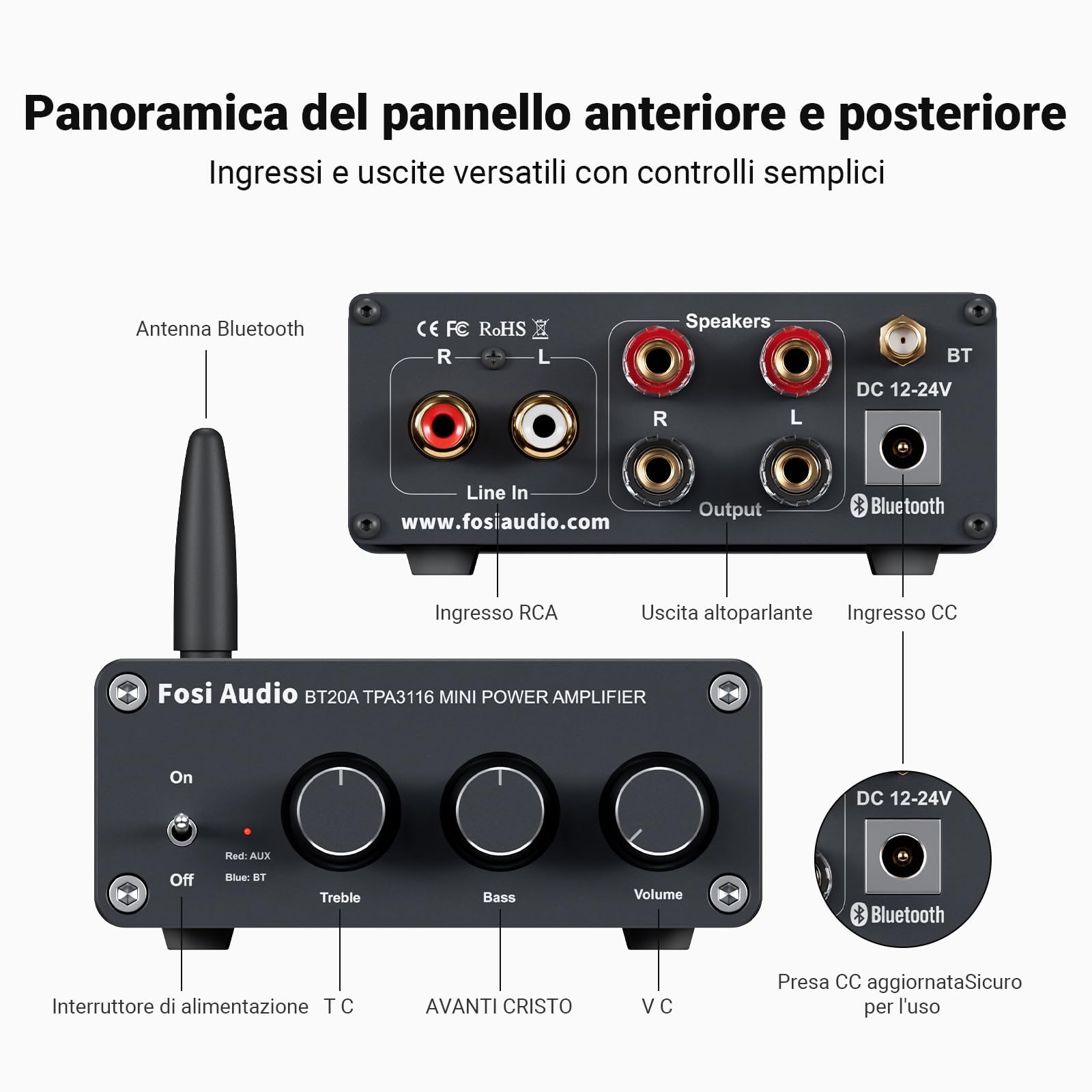 Fosi Audio BT20A Amplificatore Bluetooth 5.0 e BOX X2 Preamplificatore Phono