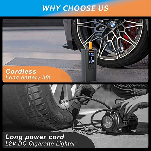 Miniatura 7 de Compresor de aire portátil para inflador de neumáticos, recargable de 12 V150 PSI, bomba de aire de bolsillo automatizada inteligente con luz LED y