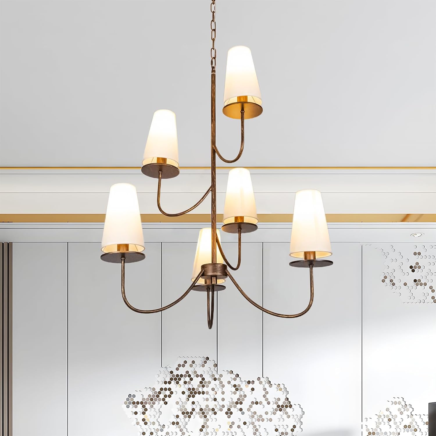 Modern Chandeliers, Classic Multi-Layered Pendant Light Fixture, Height Adjustable, 6 Lights Elegant Pendant Light with Fabric Shade for Bedroom Living Room