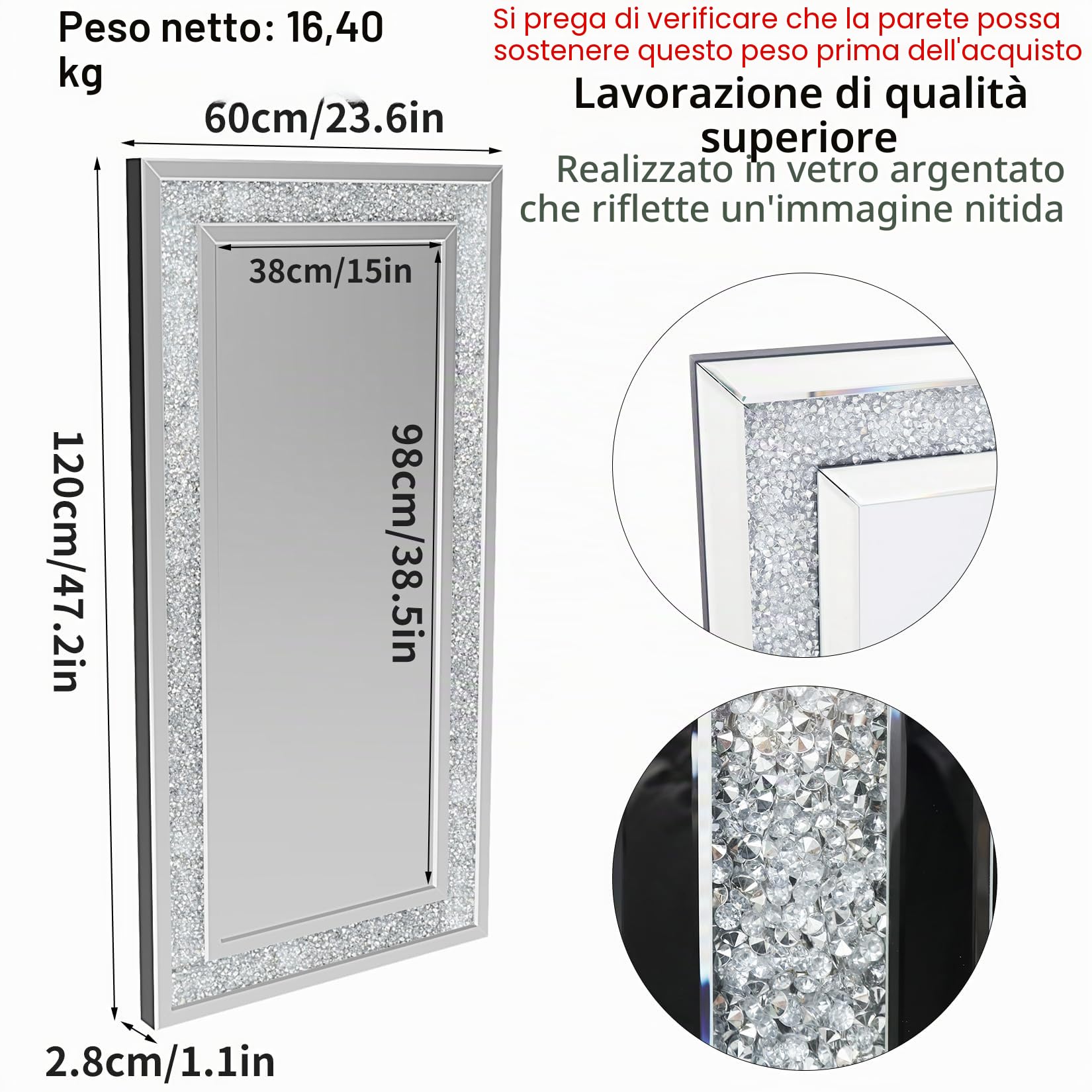 Specchio da Parete Grande Veneziano, Cornice Diamanti Argentati | Specchio Decorativo cristalli lucidati a mano bellissimo ed elegante look 120x60x2,5cm 15.4kg in vetro argentato da 5 mm