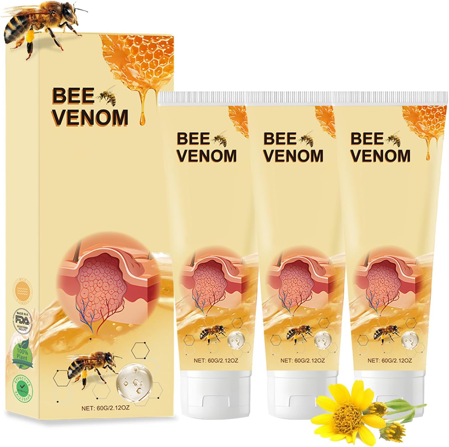YILIXI3PCS Bee Venom Treatment Cream, 2024 New Bee Venom Repair Cream, Bee Venom Professional Gel, Hydrating and Moisturizing Treatment Cream, Suitable for Neck, Back, Hands, Feet