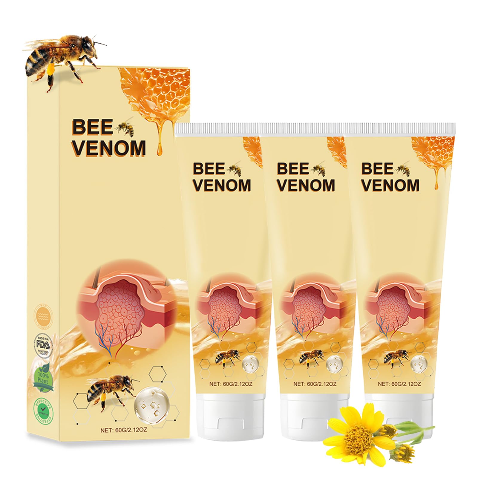 YILIXI3PCS Bee Venom Treatment Cream, 2024 New Bee Venom Repair Cream, Bee Venom Professional Gel, Hydrating and Moisturizing Treatment Cream, Suitable for Neck, Back, Hands, Feet