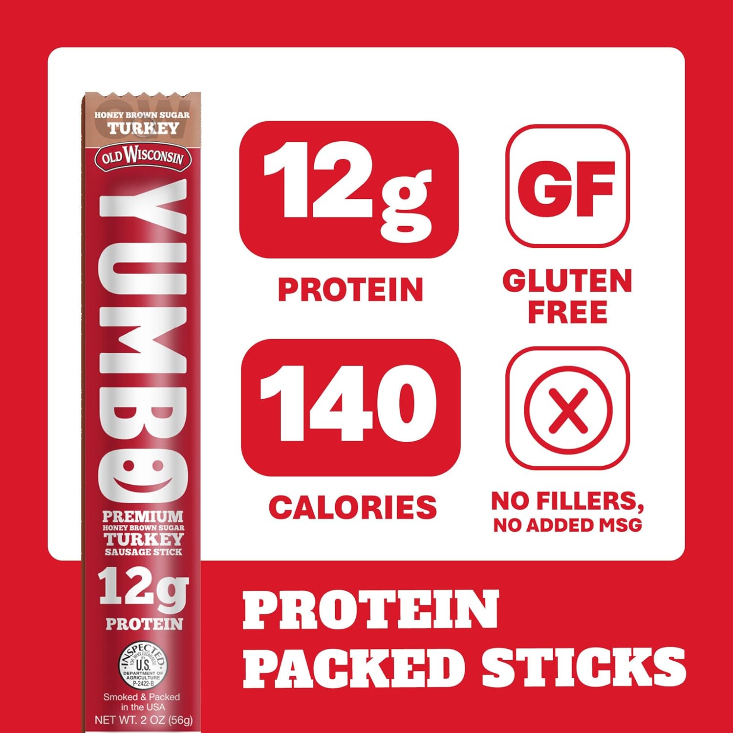 YUMBO Honey Brown Sugar Turkey Sticks, High Protein Snacks, Gluten-Free, Low Carb, Keto, Ready-to-Eat, 2 oz Sticks, 20 Count Pack