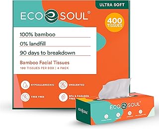 ECO SOUL 100% Compostable Bamboo Facial Tissues | Premium Tissue Box of 4 Packs (100 Tissues per Pack, 400 Count) | Facial Tissue Cube Box, Paper Tissue, Travel Facial Tissue