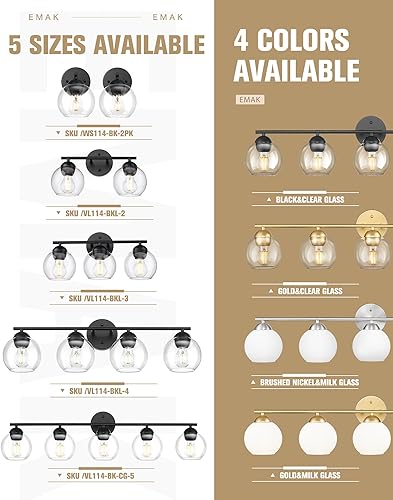 Miniatura 7 de Emak Lámpara de baño negra de 2 luces sobre el espejo, luces de tocador de baño con pantalla de vidrio transparente, VL114-BKL-2